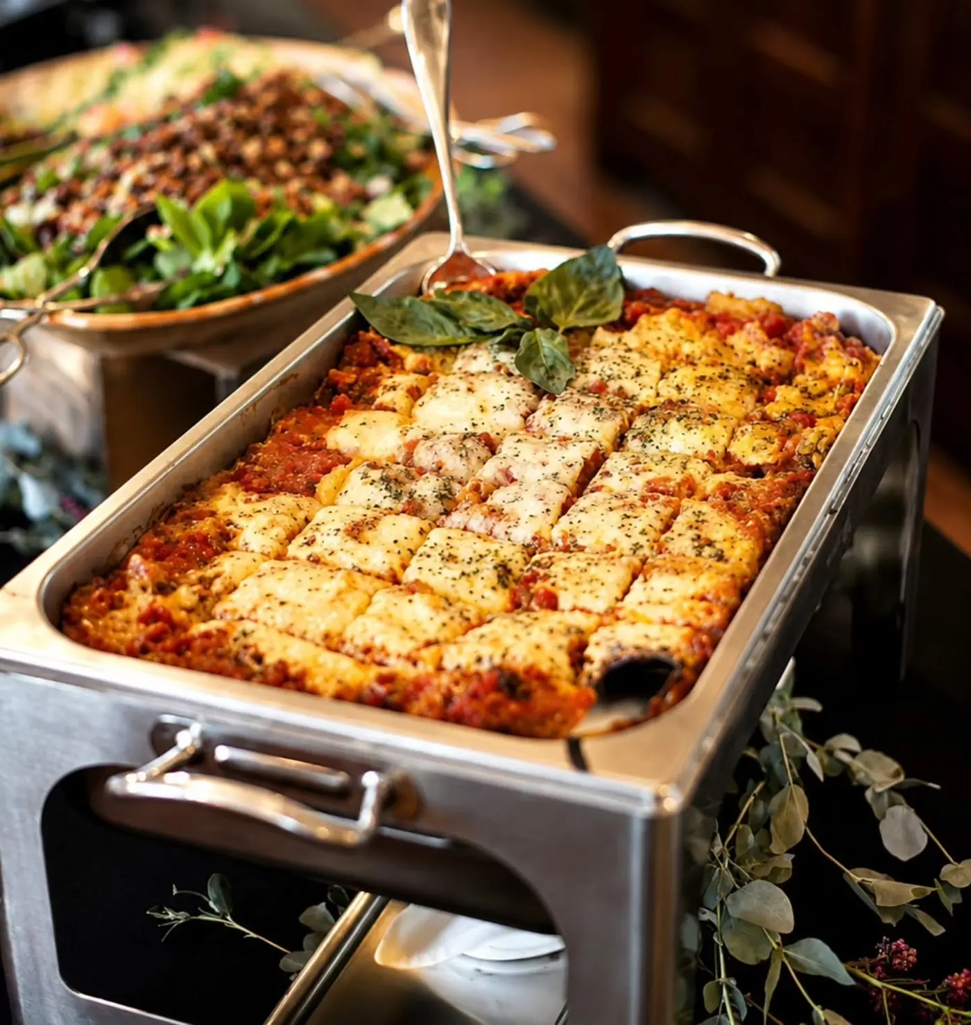 Canelones gratinados servidos en chafing dish sobre una mesa de buffet decorada con follaje.