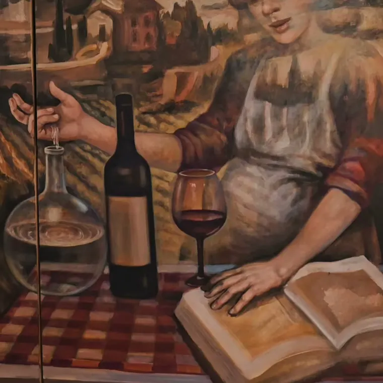 El comedor de la casa con la mesa montada y el mural italiano al fondo.
