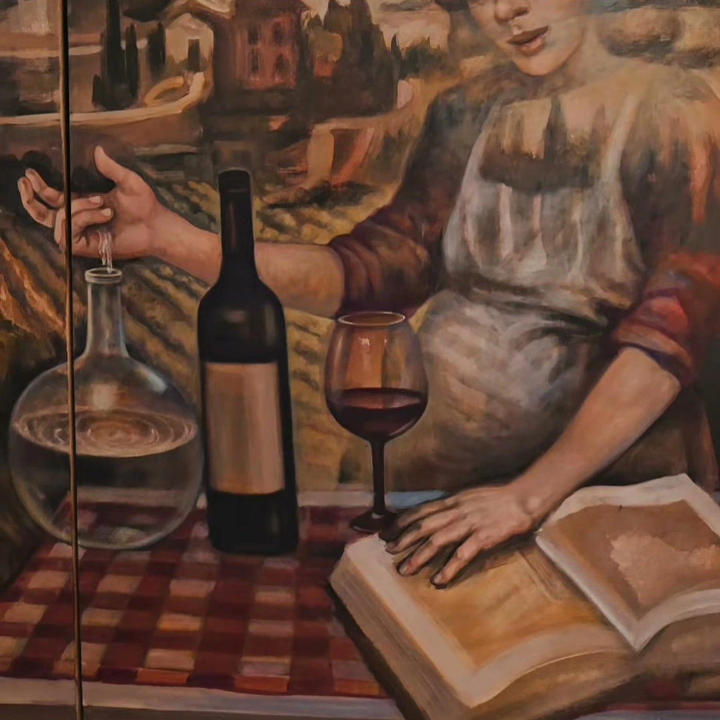 Detalle del mural del comedor: la vendimiadora, la botella de vino y el libro abierto sobre el mantel de cuadros.