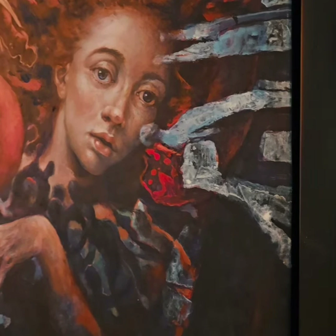 Óleo de Israel Zzepda: retrato de una mujer de cabello encendido acompañada de un ave de plumaje rojo.